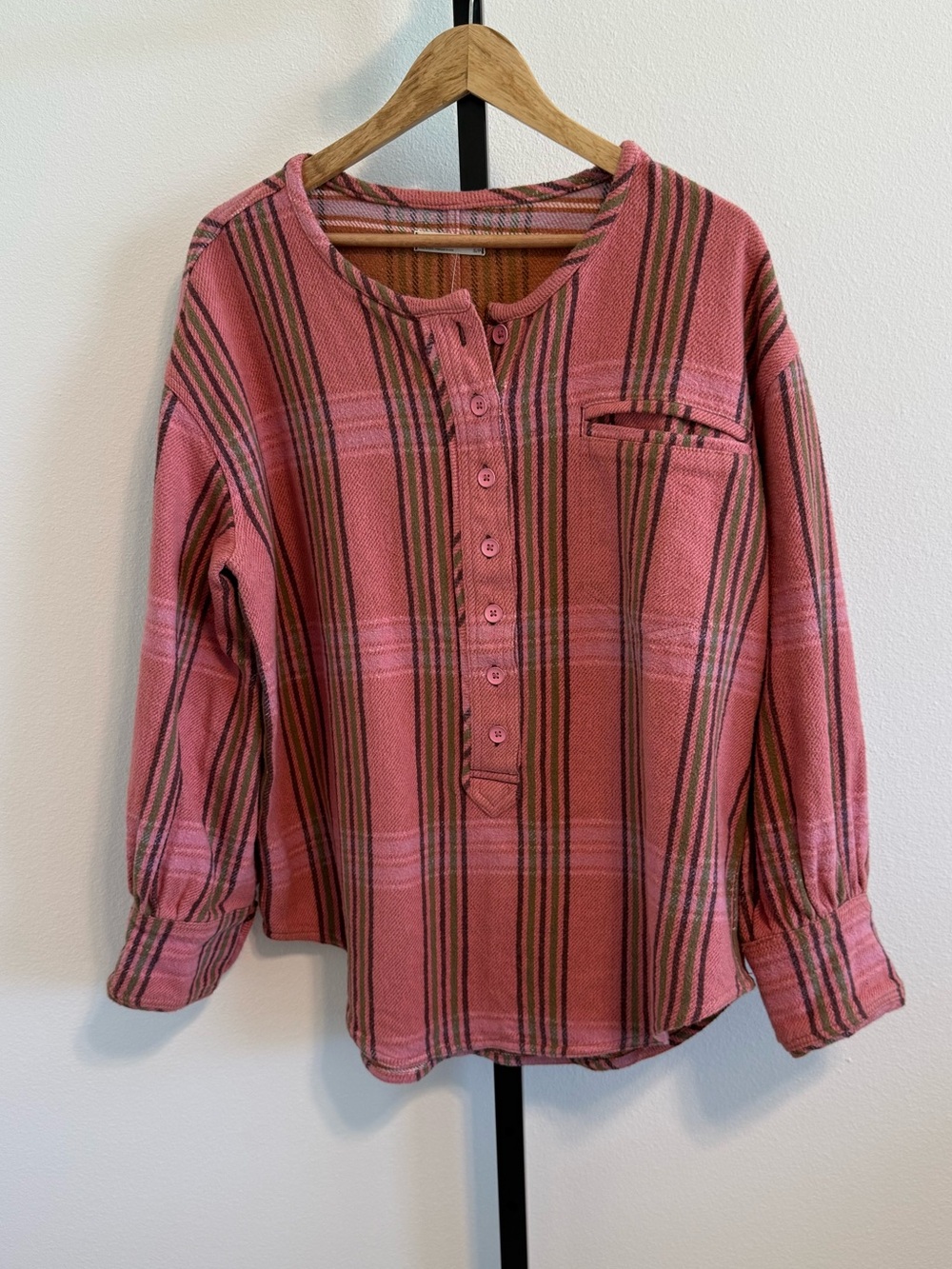 NWT Free People Perfect in Plaid Pink Combo Heavy Weight Cotton Henley Boho Sm